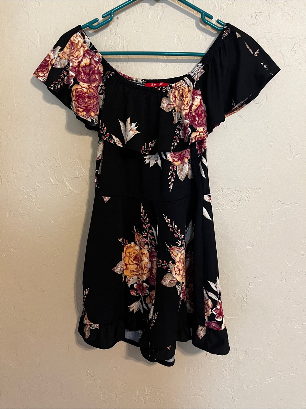 GUESS black floral romper medium off shoulder